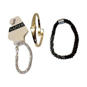 Lot of 3 NAPIER Bracelets one Silver and Multi Color Stretch and one Hinge Gold